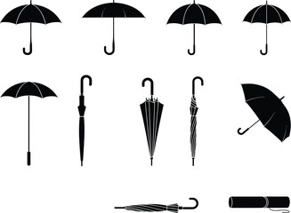 Umbrella silhouette collection, open and closed styles, handle variations, rain protection icons, black graphic set, flat vector illustration