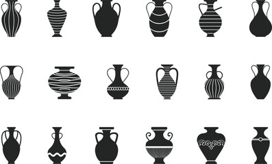 Vase silhouette collection, decorative pottery shapes, floral, striped, geometric patterns, cultural styles, black and white set, flat vector illustration