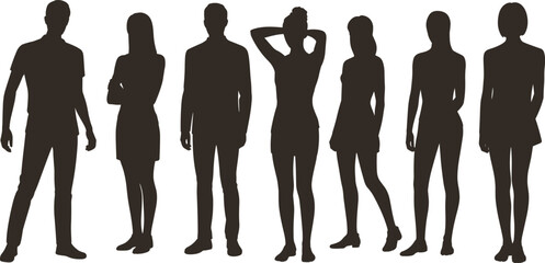Human silhouette collection, diverse standing poses, male and female figures, posture variation, fashion outline, flat vector illustration, character modeling reference