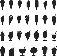 Ice cream and dessert silhouette collection, cone, cup, popsicle, sundae, frozen treat icons, black graphic set, flat vector illustration