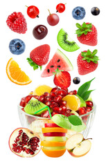 dynamic image of a fresh fruit salad explosion featuring strawberries, watermelon, orange, kiwi slices, pomegranate seeds, and various berries around a glass bowl.