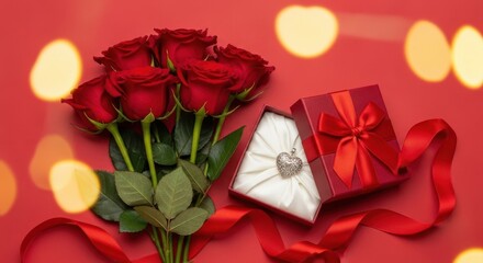 Roses and ribboned gift &mdash; classic Valentine setup