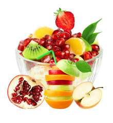 refreshing mixed fruit salad in a glass bowl featuring pomegranate seeds and citrus, complemented by a stacked fruit cocktail and a sliced apple, isolated on black.