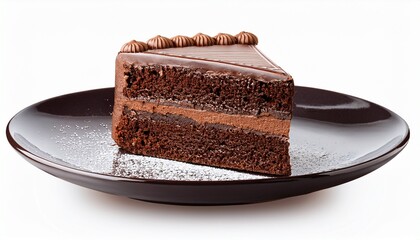 Slice of Rich Dark Chocolate Layer Cake on a Brown Plate Isolated on White