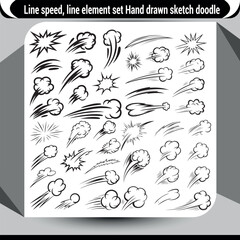 Hand drawn sketch doodle line speed elements set dynamic motion effects abstract explosions speed lines