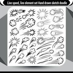 Hand drawn sketch doodle line speed elements set dynamic motion effects abstract explosions speed lines