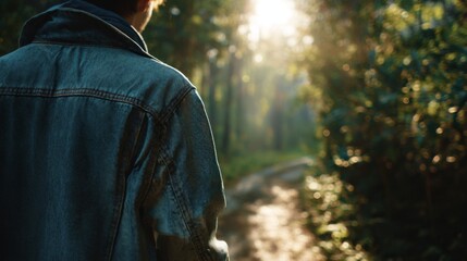 Obraz premium A young man walks peacefully through a sunlit forest trail, surrounded by vibrant greenery and soft rays of light.