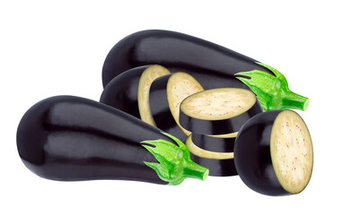 ripe purple eggplants and fresh cut slices composition, showing dark skin and creamy white...