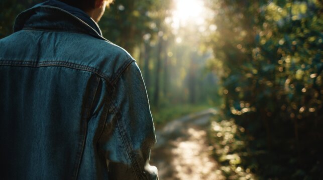 A young man walks peacefully through a sunlit forest trail, surrounded by vibrant greenery and soft rays of light.