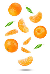 dynamic composition of fresh ripe mandarins or clementines, whole fruits and separated segments...