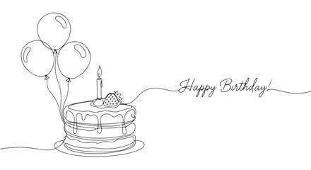 Happy Birthday Celebration A Continuous Line Drawing of Cake and Balloons