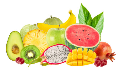rich and abundant still life photograph featuring a large variety of fresh tropical fruits including watermelon, mango, banana, and avocado, isolated on black.