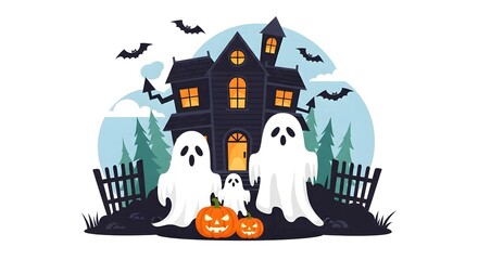 Haunted House with Ghosts and Pumpkins for Halloween