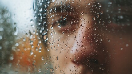 Fototapeta premium A close-up portrait of a young Hispanic male, staring through a rain-covered window, evoking feelings of solitude and contemplation.
