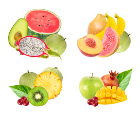 four distinct groups of fresh tropical and temperate fruits, including watermelon, kiwi, peach, mango, avocado, and banana, isolated on a transparent background photograph.