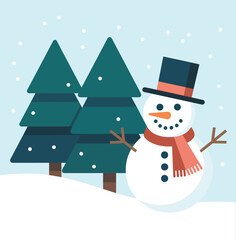 Cheerful Snowman and Evergreen Trees in Winter Scene Flat Vector Illustration for Holiday and Christmas Celebrations with Falling Snow