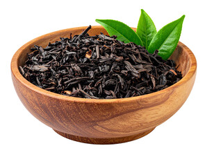 dried green tea in a wooden bowl isolated image