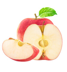 closeup photograph of a fresh, crisp red apple halved, showing the core and white flesh, positioned next to a wedge slice and green leaf on black.