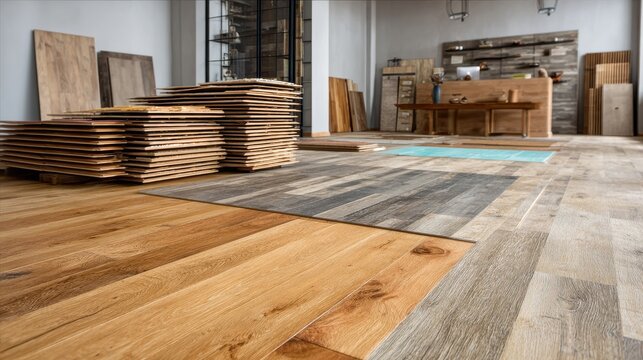Wood flooring planks stacked in a workshop ready for installation