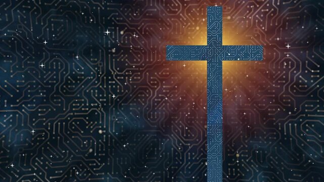 digital cross glowing in cosmic circuit background symbolizing faith and technology connection loopable animation