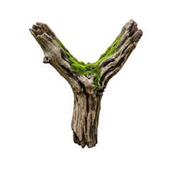Fototapeta premium A single, rustic, Y-shaped gnarled root with vibrant green moss and rough textures on a transparent background with a soft shadow, concept of nature's artistry