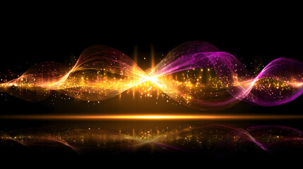 A vibrant wave of golden and purple light pulses against a dark background, evoking energy and dynamism.