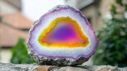 Vibrant Colorful Geode Slice Showcasing Stunning Purple and Yellow Crystal Layers Outdoors