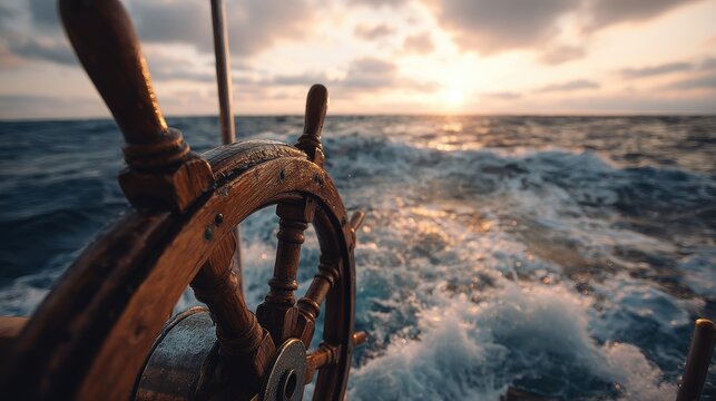 Wooden ship wheel on a boat sailing at sunset over the ocean