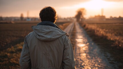 A contemplative young man stands on a rural path at sunset, reflecting on life's journey amidst the serene landscape.
