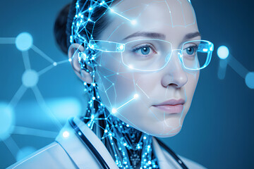 Futuristic woman with glowing cybernetic implants and glasses, embodying advanced technology and AI.