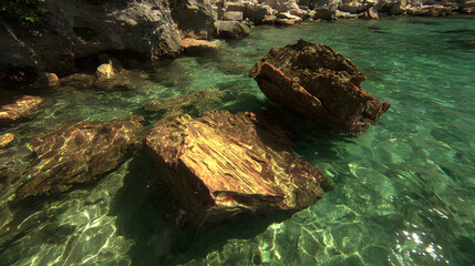 Sunny day at a tranquil beach featuring smooth boulders partially submerged in crystal clear water.