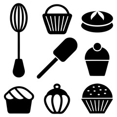 Baking concept — cupcake, donut, bread loaf, and whisk on white background.