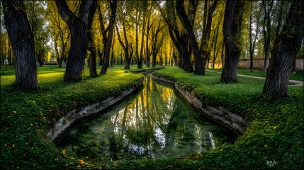 A serene landscape with vibrant yellow trees reflecting in a clear stream, creating a tranquil autumn scene.