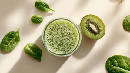 Obraz premium Refreshing green smoothie with spinach and kiwi, creating a vibrant, healthy drink surrounded by fresh ingredients.