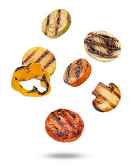 assortment of healthy grilled barbecue items, including sliced tomato, onion, zucchini, mushroom, bell pepper, and peach, floating on black photograph.