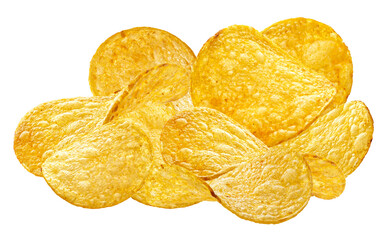 texture rich closeup photograph showcasing a large, enticing pile of golden, wavy potato chips or crisps, isolated on a stark transparent background.