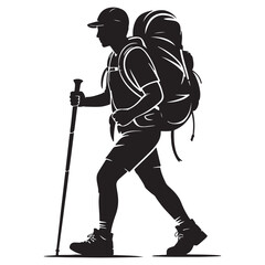 Hiker Silhouette with Backpack and Trekking Pole &ndash; Outdoor Adventure Illustration