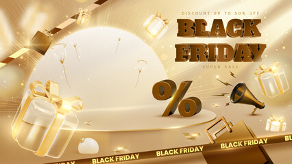 Plakat Black Friday Sale Template with Luxury 3D Gift Box, Balloon, Megaphone, Shopping Bag, and Golden Product Display Stand.