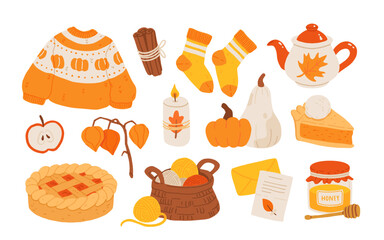 Cozy autumn hygge clipart set, warm fall vector illustration with pumpkin pie, sweater, tea pot, candle, cinnamon, apples, yarn, honey and pumpkin, cute cozy home decor fall season design