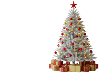 A transparent artificial christmas tree, detailed with red & gold baubles, warm LED lights, and snow, sits on a white studio background with wrapped presents. Festive holiday celebration atmosphere