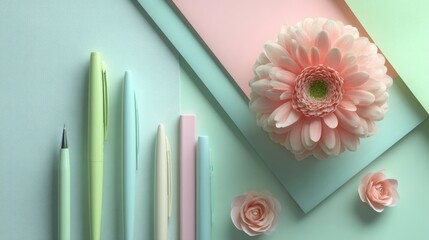 A beautiful flat lay featuring pastel stationery and a pink flower, creating a serene and creative workspace atmosphere.