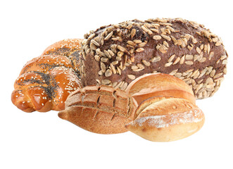 assortment of freshly baked artisan bread, featuring a sunflower seed loaf and various crusty wheat and rye rolls, isolated on black.