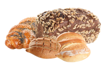 assortment of freshly baked artisan bread, featuring a sunflower seed loaf and various crusty wheat and rye rolls, isolated on black.