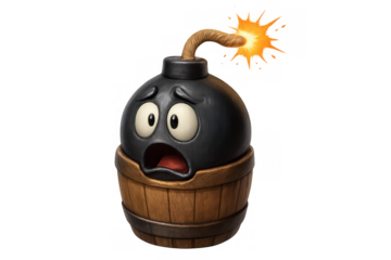 Cartoon bomb character with a burning fuse looking scared, representing danger and impending explosion
