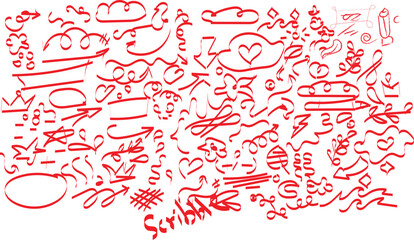 Decorative doodles. Hand drawn pointing arrow, outline shapes and doodle frames. Ink signs decoration ornament, line curved arrow, heart and circle sketch isolated vector illustration symbols set
