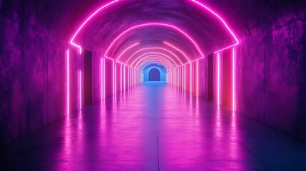 Obraz premium Illuminated corridor with glowing arches and vertical lights in perspective view