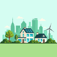 Obraz premium Eco-Friendly Smart Homes with Solar Panels and Wind Turbine in Green City — Sustainable Urban Living Concept