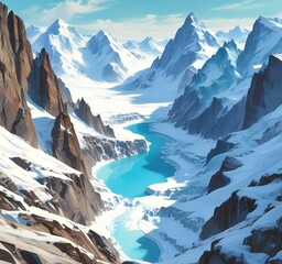 View of a glacial valley surrounded by sharp snow peaks