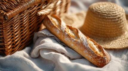 Obraz premium A fresh baguette rests beside a woven basket and straw hat, evoking a warm, cozy picnic vibe.