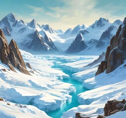 View of a glacial valley surrounded by sharp snow peaks